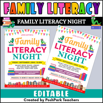 Preview of Printable Family Literacy Night Flyer, DIY Literacy School Fundraiser Invite