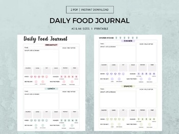 Preview of Printable Food Journal Daily Weekly Meal Log Healthy Lifestyle Weight Loss Help