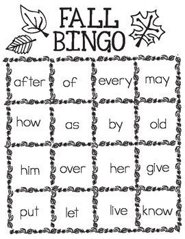 printable free fall bingo 1st grade common core sight words by