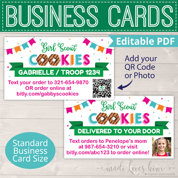Preview of Printable Girl Scout Cookie Business Card with QR Code, Editable Thank You Note