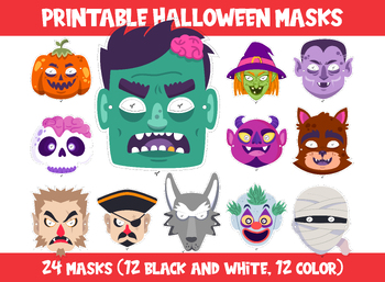 Preview of Printable Halloween Mask Set, Includes 24 Masks (12 Black & White, 12 Color)