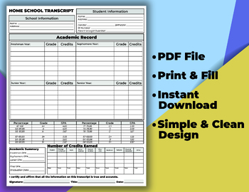 Preview of Printable High School Transcript , Homeschool Report Card, Homeschool Form.
