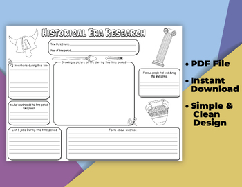 Preview of Printable Historical Era Research Worksheet Report for Kids. History Project.