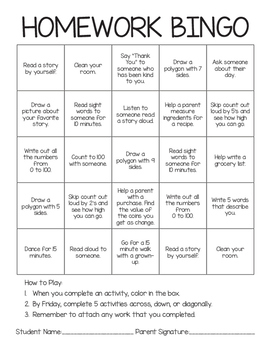 homework bingo for kindergarten