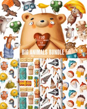 Preview of Printable Illustration Cute Animals 128+ Set Commercial License & POD Usage