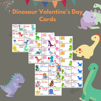 Preview of Printable Kids Valentine's Cards-Classroom Dinosaur Valentine's Day Cards