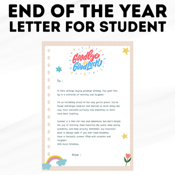Preview of Printable Last Day of School Letter for Students | End of School Year Note