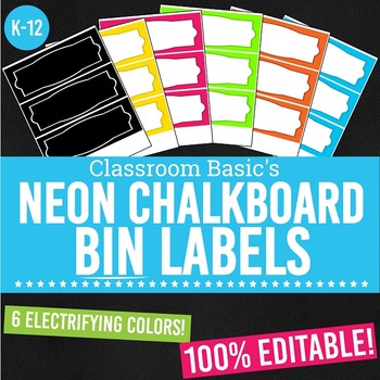 Preview of Neon Chalkboard Printable Bin Labels (Editable!) - 6 Colors!