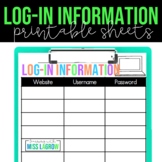 Printable Log-In Sheets for Usernames and Password for Web