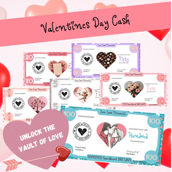 Preview of Printable Love Themed Play Money, Set of Romantic Fake Bills for Valentines Day