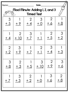 Printable Mad Minute Addition Timed Tests- 6 pages. Kindergarten-1st