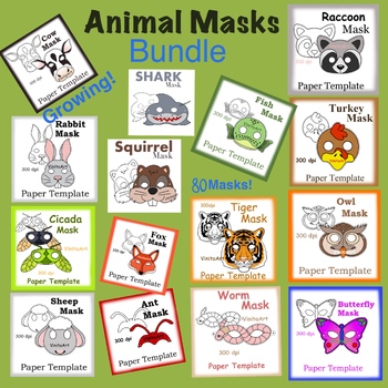 Preview of Printable Masks Bundle - Full Color & Black & White - ever growing! Animal masks
