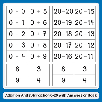 Preview of Math Addition And Subtraction Facts To 20 Flash Cards with Answers on Back