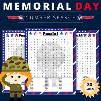 Preview of Printable Memorial Day Number Search Puzzles With Solutions - Fun Brain Games