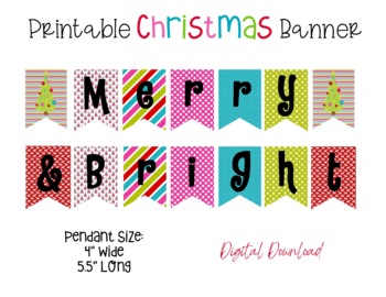 Printable Merry & Bright Christmas Banner, Merrry Christmas Banner