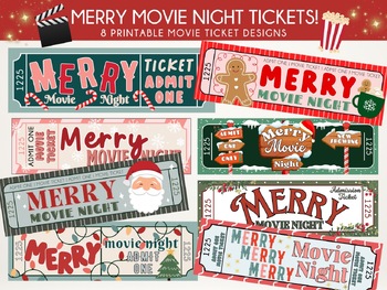 Preview of Printable Merry Movie Night Tickets | Christmas Movie Night Instant Download