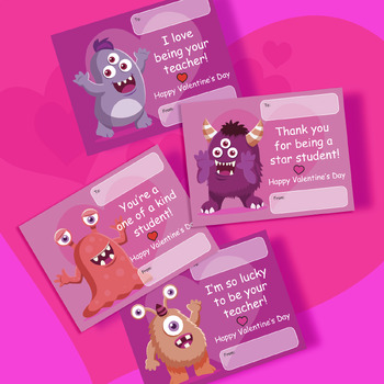 Preview of Printable Monster Valentine's Day Cards - From Teacher to Student ❤️ English