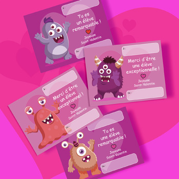 Preview of Printable Monster Valentine's Day Cards - From Teacher to Student ❤️ French