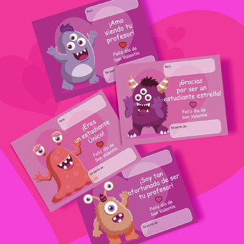 Preview of Printable Monster Valentine's Day Cards - From Teacher to Student ❤️ Spanish