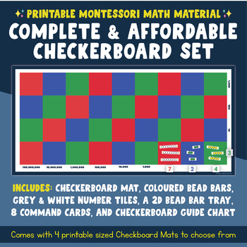 Preview of Printable Montessori Checkerboard for Multiplication with Task Cards + Bead Bars
