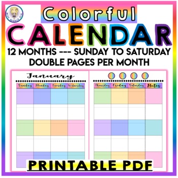 Preview of Printable - Monthly Calendar - Sunday to Saturday - COLORFUL