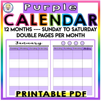 Preview of Printable - Monthly Calendar - Sunday to Saturday - PURPLE