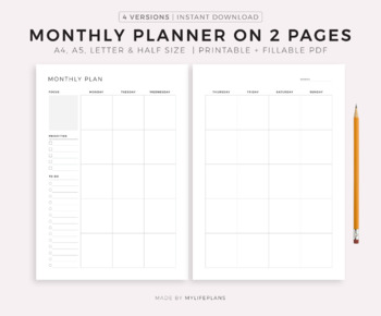 Printable Monthly Planner On Two Pages, Month At a Glance, Monthly Agenda