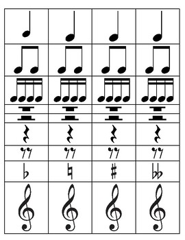 Preview of Printable Music notes, rests, accidentals, treble clef, bass clef, staff, keys