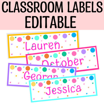 Preview of Printable Name tags, Polka Dots Stars Student Name Labels. Cubbies Labels