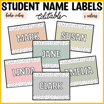 Preview of Printable Nametags, Boho Spotty Student Name Labels, Editable Name Cards