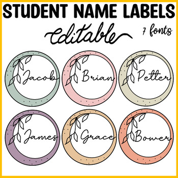 Preview of Printable Nametags, Editable Student Name Labels, Boho Botanical Name Tags