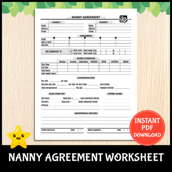 Preview of Printable Nanny Agreement Worksheet | Nanny and Family Contract Form