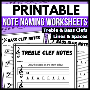 Preview of Music Note Naming | Writing Music Worksheets [Treble/Bass Clef - Lines/ Spaces]
