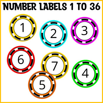 Preview of Printable Number Labels 1 to 36, Round Bright Number Labels, Editable