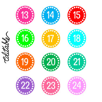 Printable Small Number Labels 1 to 36, Round Bright Number Labels, Editable