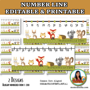 Preview of Printable Number Line 1-200 (Editable File) Forest Animals Themed Class Decor