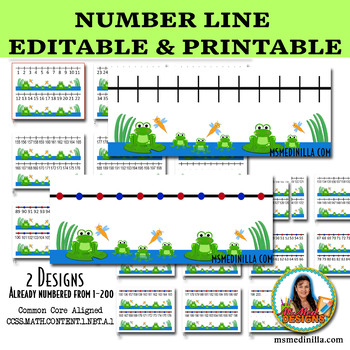 Preview of Printable Number Line 1-200 (Editable File) Frog Themed Class Decor