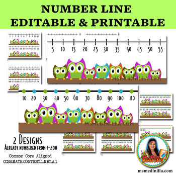 Preview of Printable Number Line 1-200 (Editable File) Owl Themed Class Decor