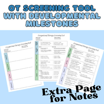 Preview of Printable OT Screening Tool with developmental milestones for EI and School