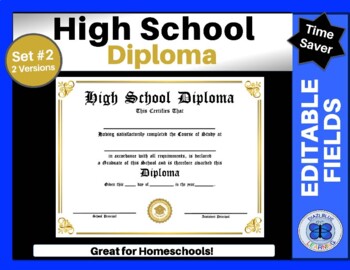 Preview of Printable PDF High School Diploma Template Set 2 - Editable