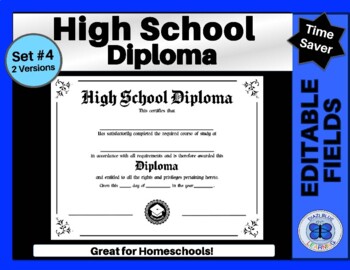 Preview of Printable PDF High School Diploma Template Set 4 - Editable