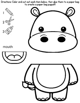 Printable Paper Bag Hippo Puppet Template by HenRyCreated | TPT