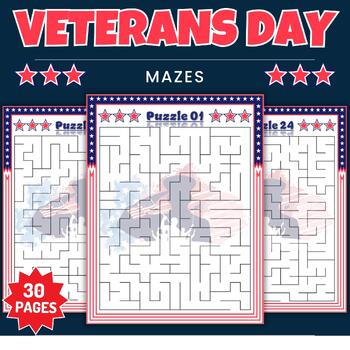 Preview of Printable Patriotic Veterans Day , Patriots Day Mazes Puzzles with Solution