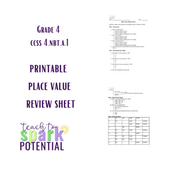 Preview of Printable Place Value Review Sheet - Grade 4 - CCSS.4.NBT.A.1