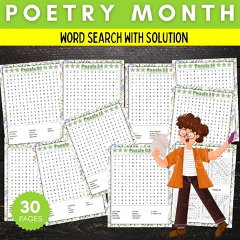 Preview of Printable Poetry Month Word Search Puzzles With Solution - Fun April activities