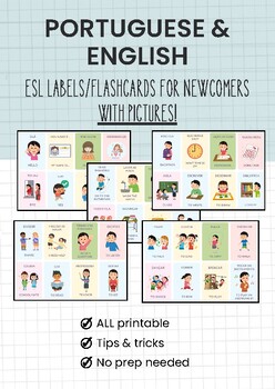 Preview of Printable Portuguese & English ESL labels for newcomers with pictures