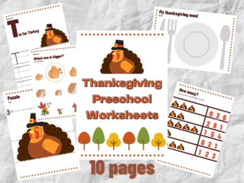 Preview of Printable Preschool Busy Work | Thanksgiving Edition| (10 Worksheets) > INSTANT