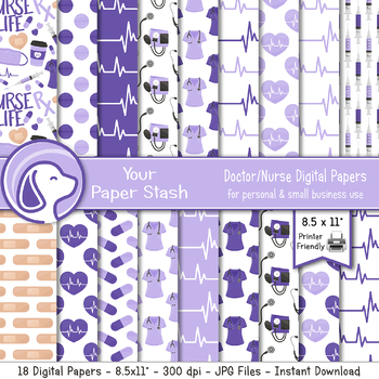 Preview of Printable Purple Scrub Life School Nurse Digital Paper Background Patterns