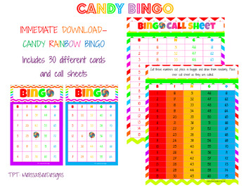 Preview of Printable Rainbow Candy Bingo Set 30 Cards and call sheets