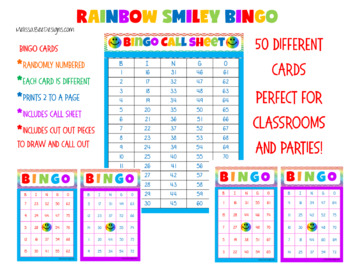 Preview of Printable Rainbow Chevron Smiley Bingo Set 50 Cards and call sheets